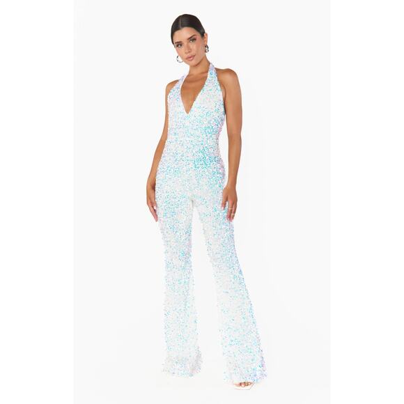 Show Me Your Mumu Studio Halter Jumpsuit in White Sparkle Sequin M - Picture 4 of 9